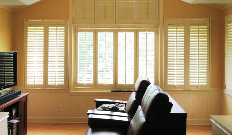 Polywood Shutters block light, sound, and look great. Shutters in Theater Room